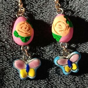 Pink With Orange Rose and Butterfly Earrings